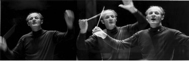 A multi-exposure shot of Francis Madeira in his later years conducting a RI Philharmonic rehearsal - from a Providence Journal feature article.