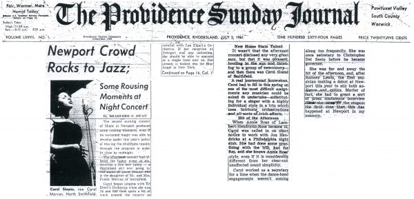 Front page "local girl makes good" rave review of Carol's performance in 1961 at Music At Newport