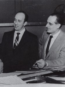 Carl Henry and band leader Ray Belaire, owner of The Arcadia Ballroom in downtown Providence, backstage preparing for a show. Carl was a fixture at the venue in the late 1940s and early '50s helping to put together bills, acting as MC and helping promote the ballroom during his radio broadcasts.